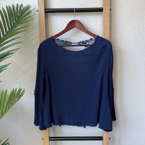 Double Zero Navy Blue Crochet Open Back Bell Sleeve Long Sleeve Blouse Top